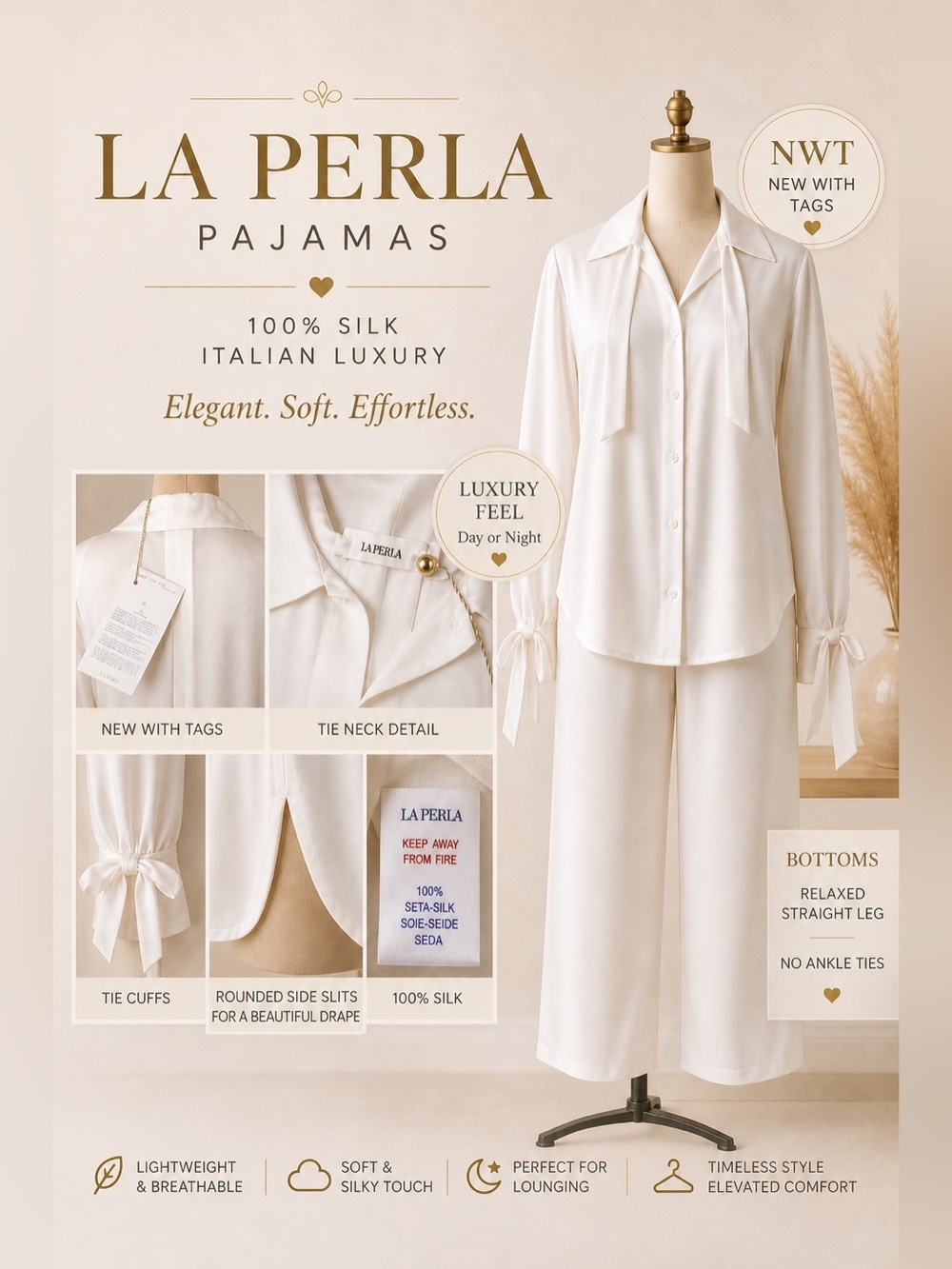 La Perla 100% Silk Pajama Set NWT Italian Luxury Button Up XS (0) Ivory 2-piece